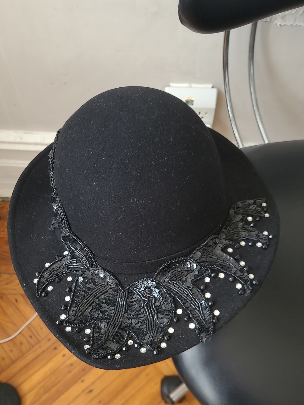 Black Beaded Wool Felt Wide-Brim Hat